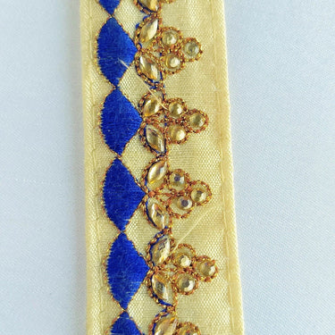 Beige Fabric Trim With Gold And Fuchsia Pink / Royal Blue Embroidery, Kundan Work Embellishments - 200317L144 / 145